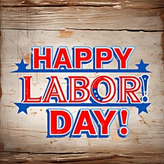 Bold retro Happy Labor Day text on rustic wood background in patriotic colors. 