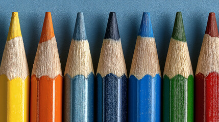 Lápices de colores alineados sobre fondo azul