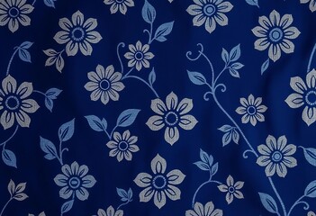 Vintage dark blue batik textile pattern; intricate floral motifs on cool fabric ,   repeat,  pattern