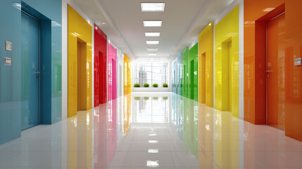 Pasillo moderno con puertas de colores y piso brillante