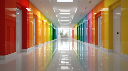 Pasillo moderno con puertas de colores y piso brillante