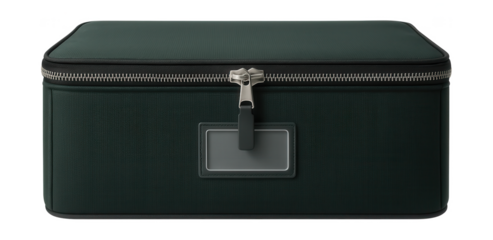 Zippered organizer with a built-in label holder for storing holiday decorations in a basement storage unit.