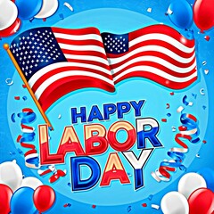 Happy Labor Day celebration with American flags, balloons, and confetti on blue. 