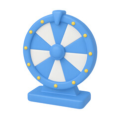 3D blue and white spinning prize wheel icon with yellow dots isolated on transparent background