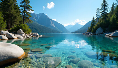 Clear turquoise lake surrounded by pine trees and rocky shores with distant mountains under a bright blue sky
