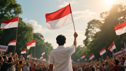 A young man holds the Indonesian flag in a crowd celebrating Independence Day. Patriotic atmosphere with many flags and warm sunset light.