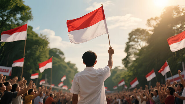 A young man holds the Indonesian flag in a crowd celebrating Independence Day. Patriotic atmosphere with many flags and warm sunset light.