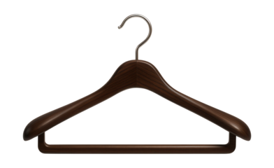 Dark-stained wooden hanger with a seamless design, used for organizing trousers in a loft wardrobe.