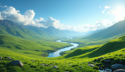Obraz premium Winding River Through Lush Green Valley with Distant Mountains Under a Clear Sky