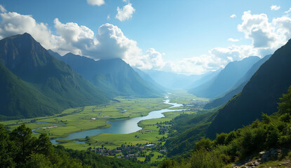 Valley with Winding River Surrounded by Lush Mountains Under a Bright Sky