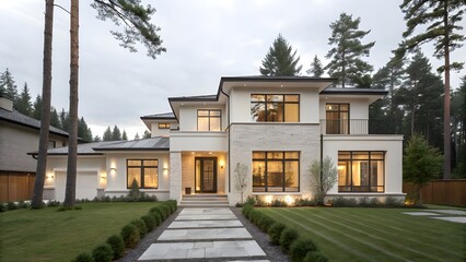 Modern Two-Story Suburban Home with Clean Lines and Lush Landscaping