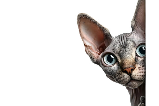 A curious Sphynx cat peeks around the corner with its wide eyes, showcasing its unique hairless appearance and playful demeanor.