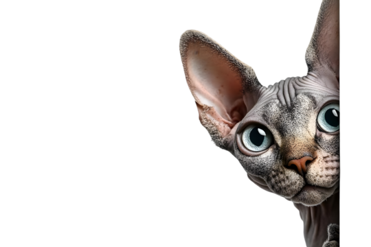 A curious Sphynx cat peeks around the corner with its wide eyes, showcasing its unique hairless appearance and playful demeanor.