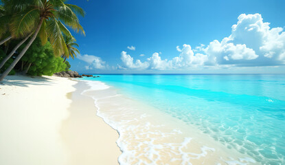 Naklejka premium Tropical Beach with Crystal Clear Waters and Palm Trees
