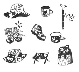 캠핑관련 된 용품을 손그림으로 그린 일러스트