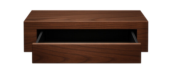 Floating shelf with a hidden drawer, ideal for storing small electronics in a living room.