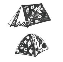 탠트와 꽃을 손그림으로 그린 일러스트