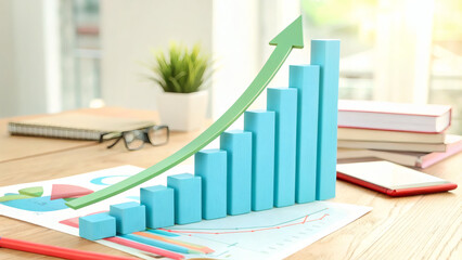 A desk with financial charts, glasses, books, and a rising blue bar graph depicting business growth and success.