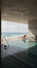 Coastal infinity pool with modern architecture. Tranquil scene with beachfront location. Luxury resort pool area. Use for vacation, relaxation, or architecture promotion.