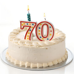 70th birthday cake with frosting and number 70 candle, isolated vector illustration on white or transparent background