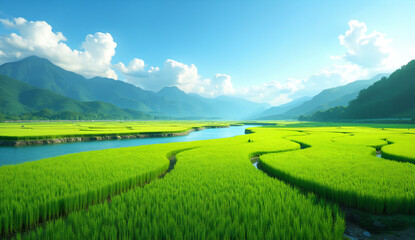 Obraz premium Vibrant Green Rice Fields with Winding Waterways and Mountain Backdrop