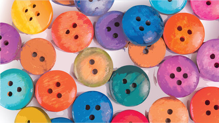 A collection of colorful buttons scattered across a white surface with varying hole configurations