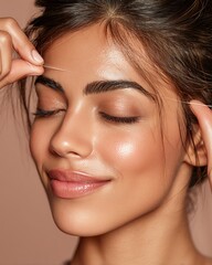 Naklejka premium Closeup of a Latina woman receiving eyebrow threading flawless skin natural beauty expression clean isolated on a pastel background premium skincare and beauty portrait