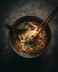 A flavorful bowl of Japanese ramen noodles with fresh scallions and wooden chopsticks presented in a rustic setting.