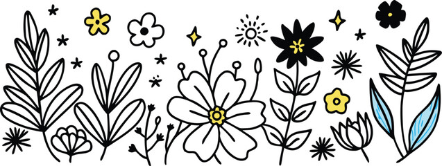 Obraz premium Black and white floral vector pattern with flowers leaves and petals seamless nature design background
