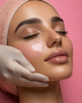 Closeup of a Middle Eastern woman receiving Hydra facial flawless skin natural beauty expression clean isolated on a pastel background premium skincare and beauty portrait