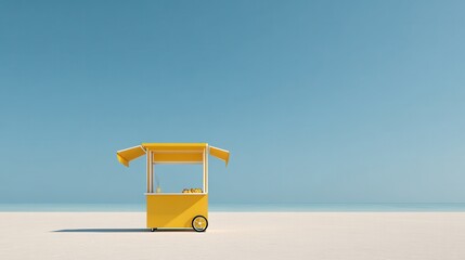 A bright yellow food cart on a vast sandy beach under clear blue sky