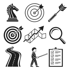 Obraz premium Minimalist black and white icons representing strategic planning, goal setting, journey, and progress tracking in decision-making processes