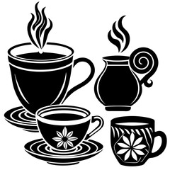 Coffee and Tea Cup Silhouettes – Vector Icon Set of Ceramic Mugs, Teacups, and Drinkware


