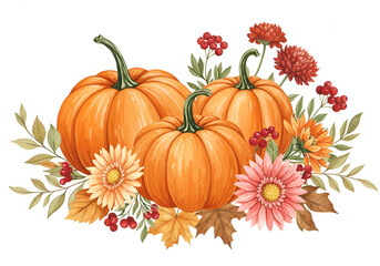 Watercolor autumnal pumpkins and flowers in a decorative arrangement. Autumnal pumpkins and flowers are positioned in a decorative arrangement on a white background.