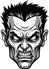 Grunge angry zombie face illustration, horror monster head clipart, scary undead skull art, Halloween evil cartoon drawing vector