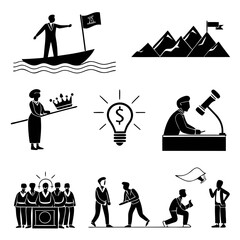 Innovative Concepts of Leadership and Exploration Depicted Through Abstract Icons Inclusive of Nature Technology and Human Interaction