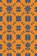 Folk-inspired flower and star pattern in orange and blue tones.
