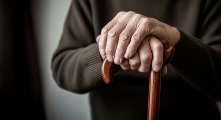 Hands of Time: A close-up of an older person's hands resting on a wooden walking stick, the image evoking a sense of wisdom and the passage of time, with a slight focus.
