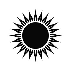 Black and white stylized sun icon isolated on white background for various design projects