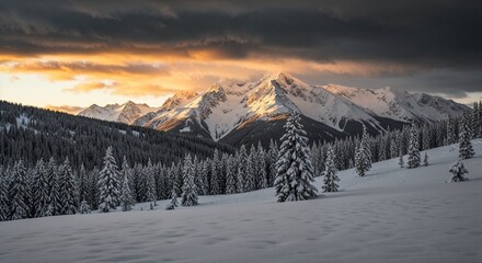 Majestic snow-covered mountain landscape with dramatic sunset sky and evergreen forest in winter wonderland setting