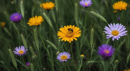 Fototapeta premium Vibrant wildflowers in a lush meadow with a bee pollinating a bright orange blossom surrounded by purple and yellow blooms on a sunny day in springtime nature