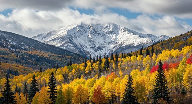 Majestic snow-capped mountain peak towering over vibrant autumn forest with golden yellow, fiery red, and deep green foliage under a dramatic cloudy sky - Powered by Adobe