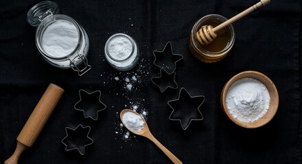 Baking essentials flat lay with flour, honey, rolling pin, and star-shaped cookie cutters on dark fabric background for culinary and kitchen-themed projects