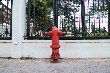Red Fire Hydrant by a Metal Fence in an Urban Setting