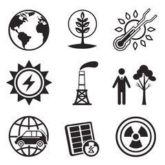 Collection of environmental and energy conservation icons illustrating sustainability efforts and eco-friendly practices in various sectors