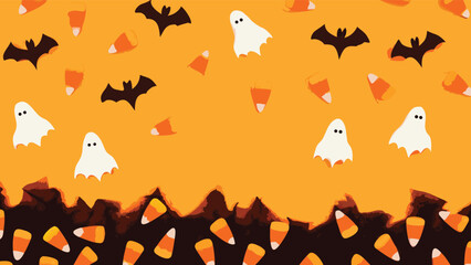 Halloween themed background with bats ghosts and candy corn on an orange background design pattern