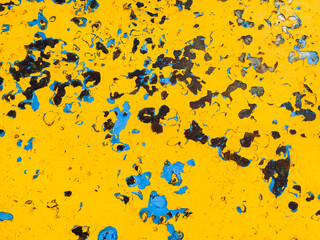 Background made of metal, painted with old paint in yellow, blue and black colors. Grunge vintage...