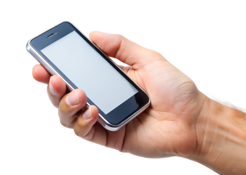 A hand is holding a modern smartphone, showcasing mobile technology and digital communication isolated on transparent background