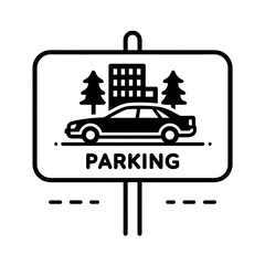 Modern Black and White Parking Sign Icon: Car, Building, Trees, Minimalist Style