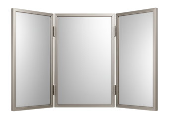 Three-panel folding wall mirror, designed for use in a dressing room in a hotel suite.
